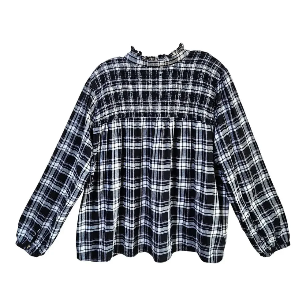 J CREW Women's Plus 3X Tunic Blouse 1/2 Buttons Smocked Plaid Black White 54